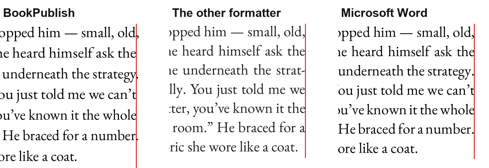 The right-hand edge of one paragraph set three ways, magnified, with a red rule drawn at the true margin. In the BookPublish column the comma and periods cross the rule; in the other two they stop at it.